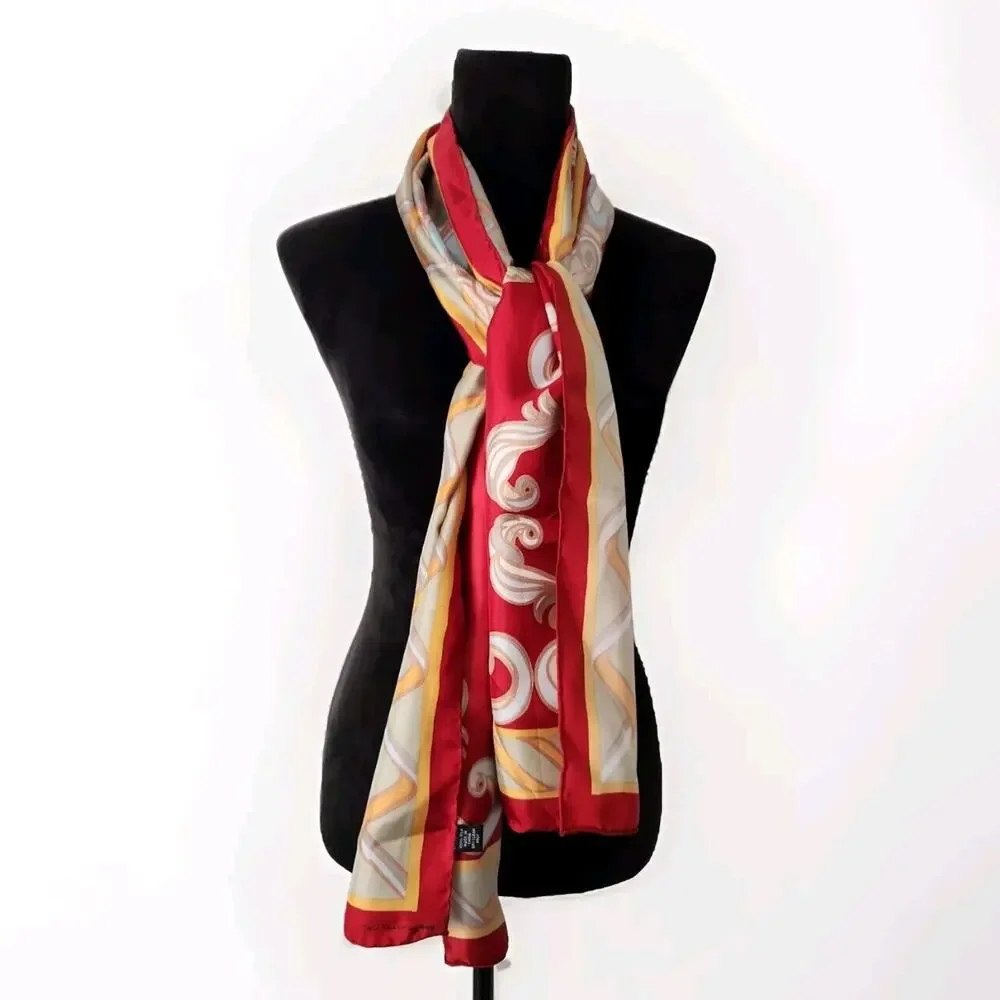 Vintage SW Kearney Neoclassical Print Silk Scarf 18.5×62.5 Red & Gold Old Money